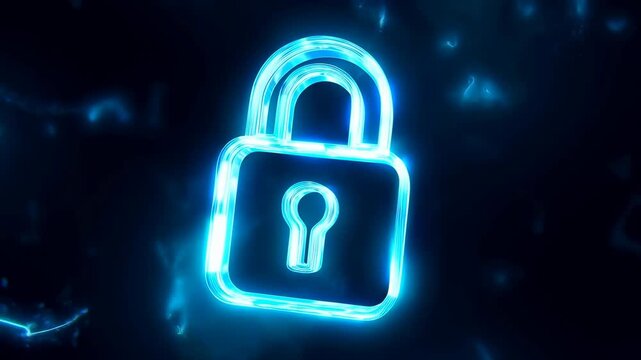 Glowing digital security padlock floating in an abstract dark technology space. Cybersecurity advertising, data privacy campaigns, and technology presentations.