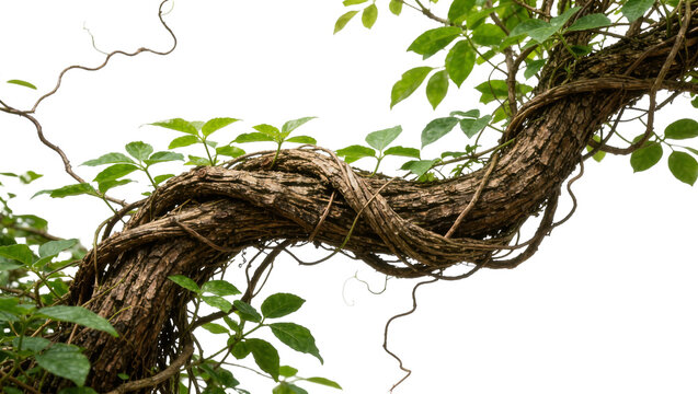 Thick woody vine entwined around a tree branch with green leaves, isolated on transparent background