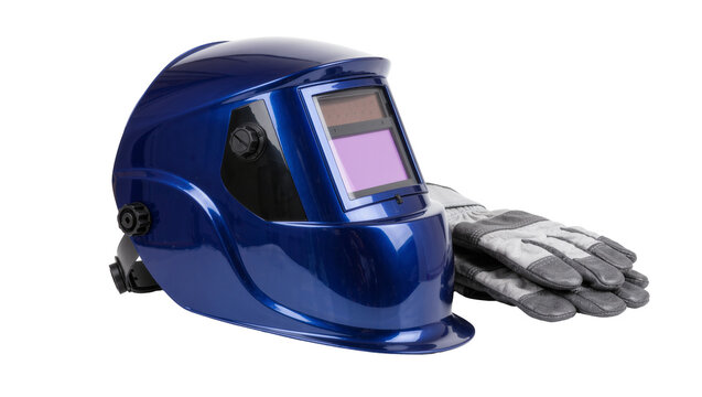 Shiny blue auto-darkening welding helmet with protective gloves, isolated on transparent background
