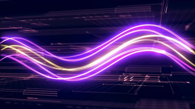 Neon wave lines flow through a dark digital field with glowing trails and circuit traces. Technology presentations, digital media, and event screen graphics.