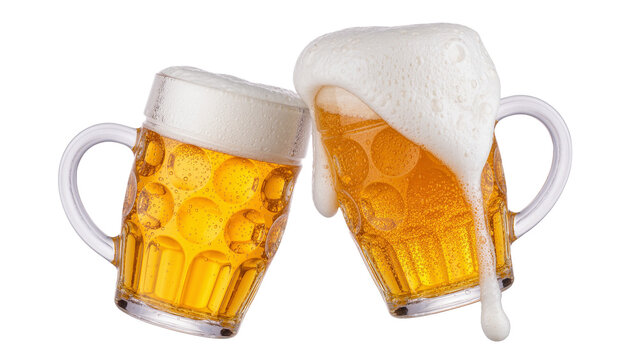 Two frothy beer mugs clinking together, isolated on transparent background