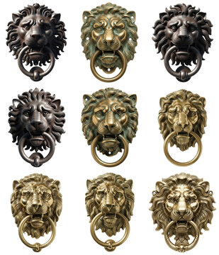 Collection of nine lion head door knockers in bronze and brass finishes, isolated on a white background