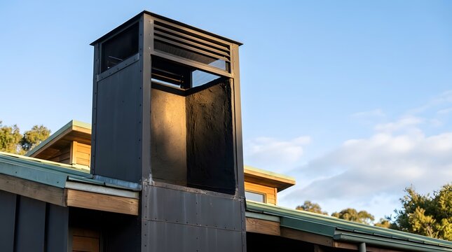 passive solar chimney rising through sustainable building roof to support natural ventilation and energy efficient cooling