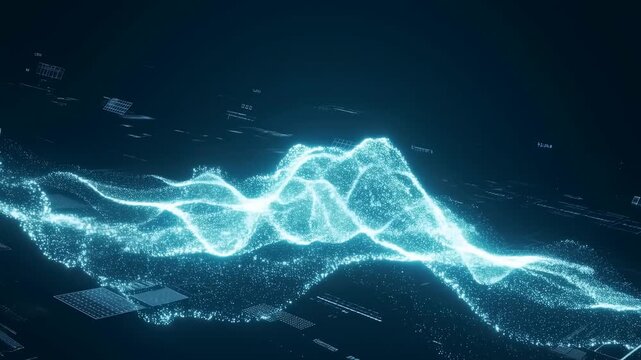 Glowing particle waves flow through a dark digital field with grid panels and interface fragments. Technology presentations, digital transformation campaigns, and data network explainers.