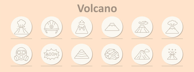 Volcano set icon. Erupting peak, safety helmet, particle eruption, simple cone, smoking peak, ash cloud, gas mask, boom text, layered cone, volcanic rock, cloudy, lava burst. © Anastasia