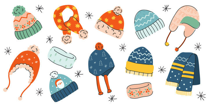 Cute winter accessories collection featuring colorful knitted hats, scarves, earmuffs and mittens with snowflakes, trees and festive patterns, isolated on white.