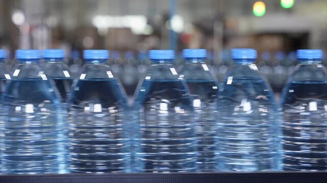 Close-Up of Bottled Water Moving Through Production Line