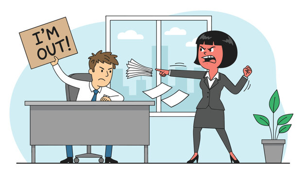 Angry female boss yelling and pointing at her male employee who is resigning and holding a sign that says I am out.