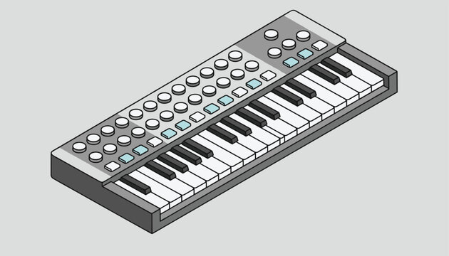Isometric vector illustration of a modern synthesizer electronic keyboard instrument with knobs and buttons on a gray background.