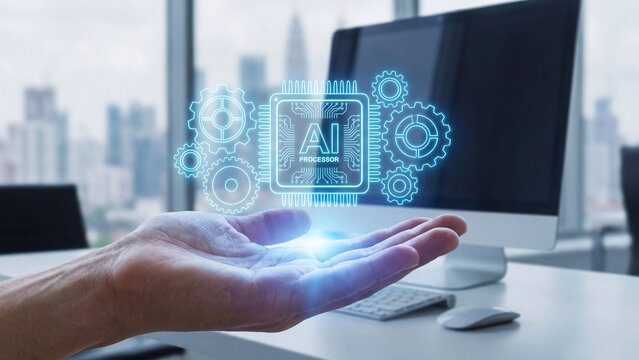 Glowing neon artificial intelligence processor icon hovering above an open palm representing modern futuristic technology and advanced digital computing solutions