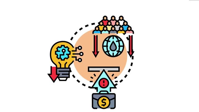 Global market challenges. Declining innovation. And unutilized human potential contributing to a briefcase containing an upward pointing arrow with an exclamation mark