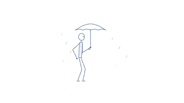 Stick figure holding umbrella during rain shower