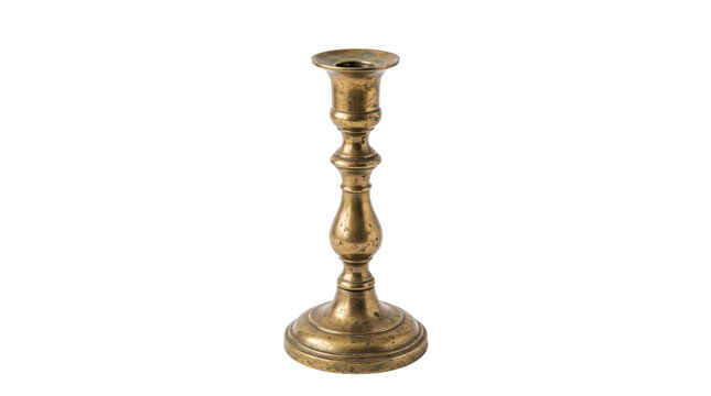 Antique brass candlestick with ornate turned stem and wide base PNG Isolated on transparent background