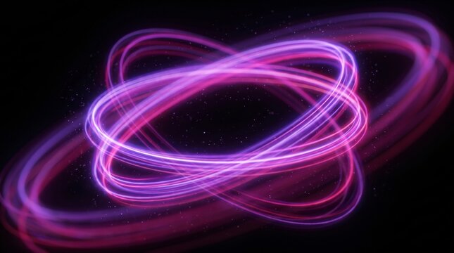 Vibrant glowing purple light rings spin in dark cosmic space creating a beautiful digital effect with swirling particles and energy
