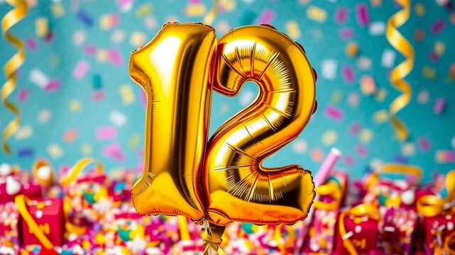 Birthday balloon shape number twelve golden letter figure 12 on celebration background AI Generative