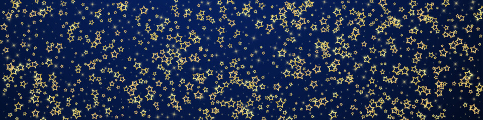Fototapeta premium Gold sparkling star confetti. Chaotic dreamy childish overlay template. Festive stars vector illustration on dark blue background.
