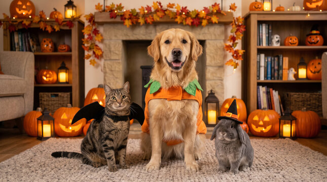 Charming Halloween pet gathering featuring a cat, a dog and a small rabbit together in a cozy decorated living room, friendly costumes, pumpkins, autumn leaves and warm lanterns, Halloween Party