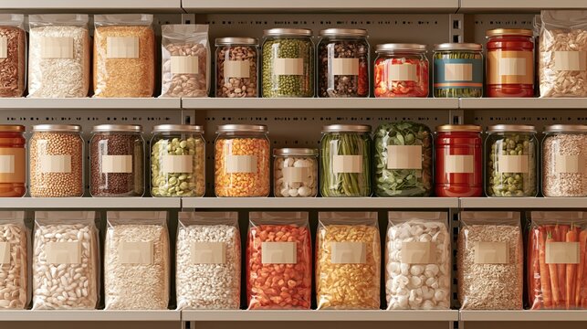 Grocery store shelves stocked with jars and packages of bulk food ingredients