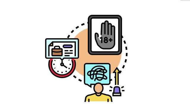 Illustration showing an important warning about age restrictions, adult content, and urgent business deadlines, inducing stress and requiring immediate attention