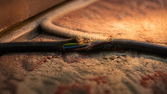 Damaged electrical cable with exposed wires lying on carpet in home. Fire hazard from faulty wiring and short circuit risk.