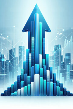 Blue Upward Arrow Made Of Bar Charts Over City Skyline