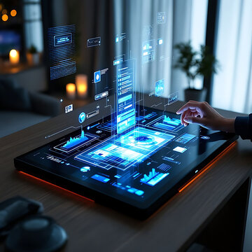 Futuristic Interactive Touch Screen Display with Holographic Data Interface and Graphs on Desk