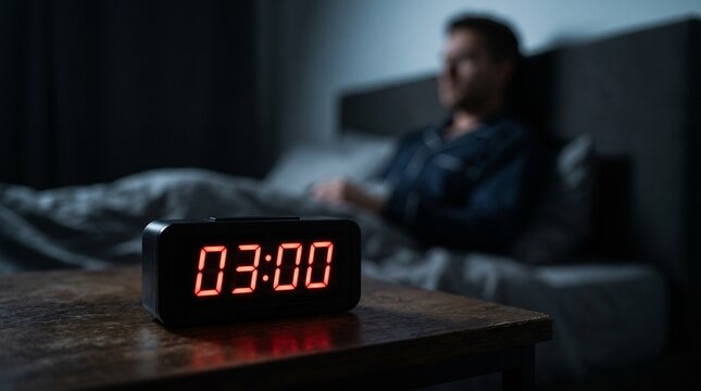 Red LED digital alarm clock displaying 03:00 with sleepless man sitting in bed background, symbolizing insomnia sleep disorder, late night anxiety, and wakefulness