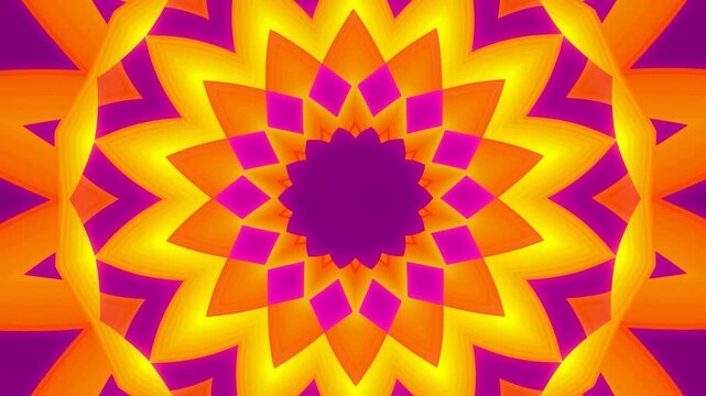 Colorful geometric mandala morphs in a centered kaleidoscopic pattern on a purple field. Event projection, meditation media, and digital screensaver.