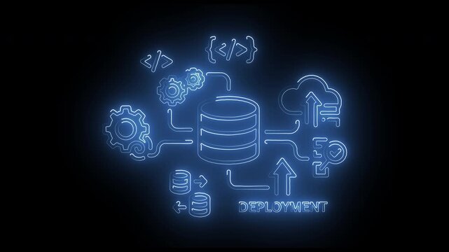 Futuristic Blue Glowing Neon Database Server with Code Brackets and Cloud Computing Data Infrastructure Network