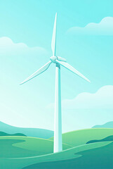 Fototapeta premium White Wind Turbine In A Green Landscape Illustration