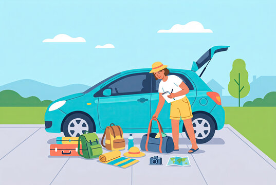 Woman Packing Luggage Into A Blue Car For A Summer Vacation