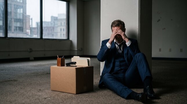Distressed business owner sitting on carpeted floor hiding face near cardboard box, representing corporate layoff, economic depression, company bankruptcy, and job loss distress