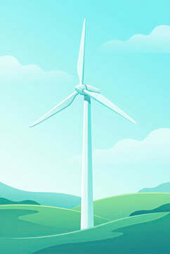 White Wind Turbine In A Green Landscape Illustration