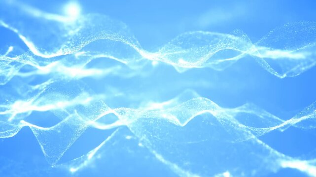 Blue particle waves ripple through an abstract digital space. Technology presentations, science media, and website hero sections.