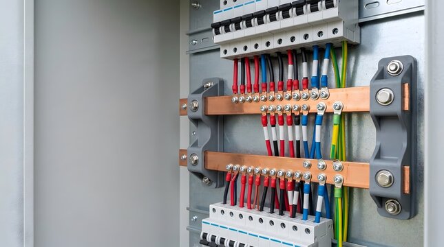 professional electrical busbar assembly with organized power connections and circuit protection for commercial and residential energy distribution