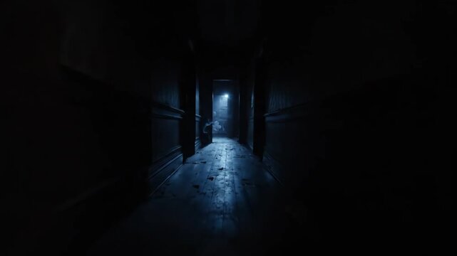 Eerie Hallway at Midnight: A dimly lit, vintage hallway with a single beam of light illuminating dust particles and casting long shadows, evoking a sense of mystery and suspense.