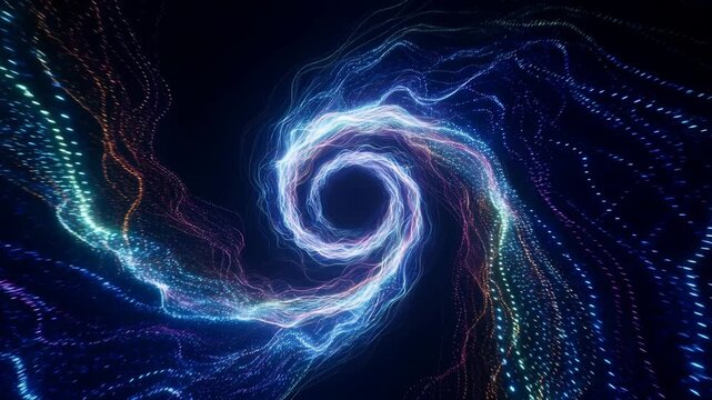 Swirling particle vortex forms luminous trails in abstract digital space. Technology presentations, science media, and digital transformation campaigns.