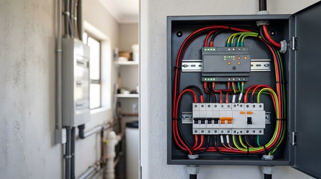 modern residential electrical control cabinet with organized wiring breakers and circuit protection for reliable building power distribution