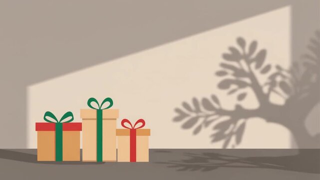 Christmas gift display holiday shadows behind gifts