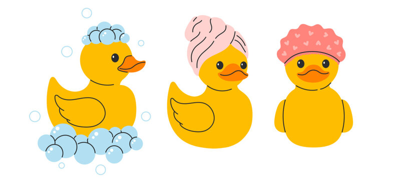 Three yellow rubber ducks with bath bubbles, pink towel turban and heart shower cap. Flat vector illustration