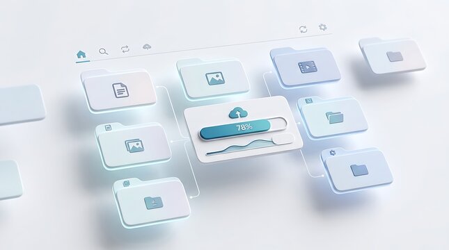 Cloud Storage Data Management Interface 3D Isometric Glassmorphism Icons Teal White Modern Minimalist Software Tech SaaS Business Dashboard UI