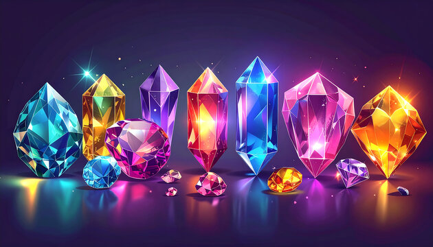 A collection of images of diamonds of various geometric shapes, colors and sizes.Glass shiny crystals with different shades reflecting light.Vector realistic set of glow gemstone or colorful ice.