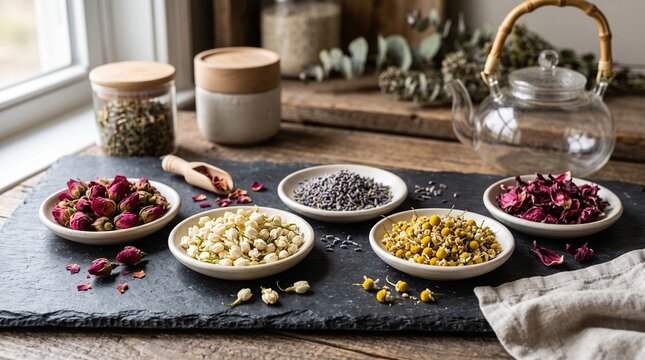 Bowls of organic dried edible tea flowers including rosebuds, chamomile, and lavender on slate with glass teapot, symbolizing herbal tea blend, wellness aromatherapy, and natural herbal remedy