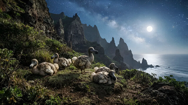 dodo birds (Raphus cucullatus) on a hill