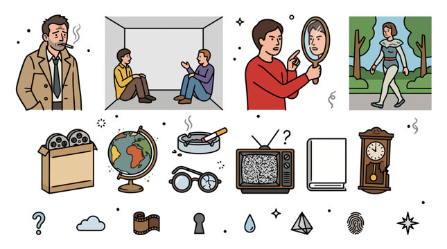 Collection of psychological concepts and therapy illustrations featuring detective, mirrors, therapy room, and symbolic icons