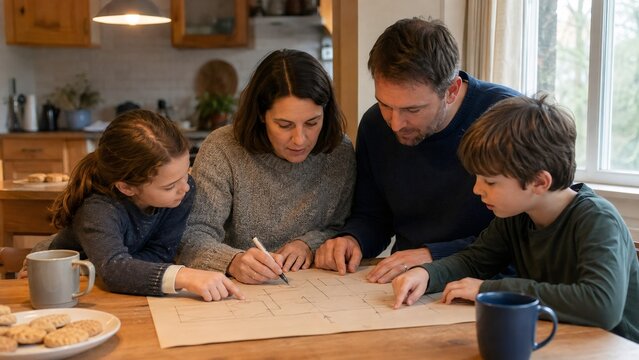 Family with two kids drawing home fire evacuation plan on paper at kitchen table. Parents educating children about fire safety and escape routes.