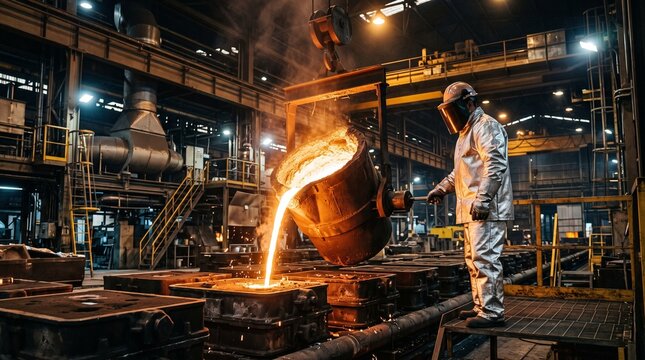 Industrial worker in protective heat suit pouring glowing molten metal into mold in heavy metallurgy foundry, highlighting steel manufacturing process, foundry metallurgy, and industrial safety
