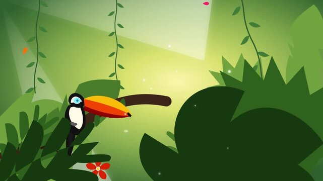 Cute toucan bird in tropical jungle animated background, flat style motion rainforest