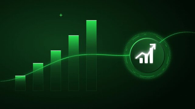 Digital financial growth chart animation: rising bar graph with hud interface for business analytics and economic success