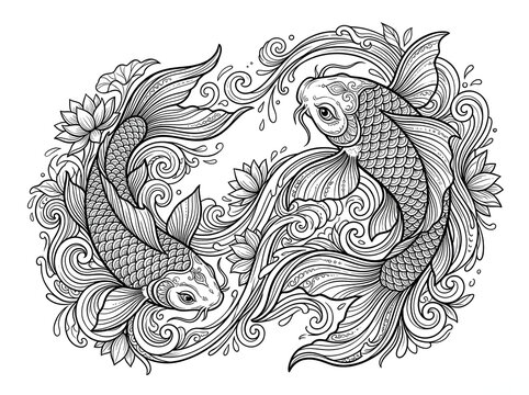 Ornamental koi fish pair swimming in circular pattern with lotus flowers and decorative water swirls line art illustration
